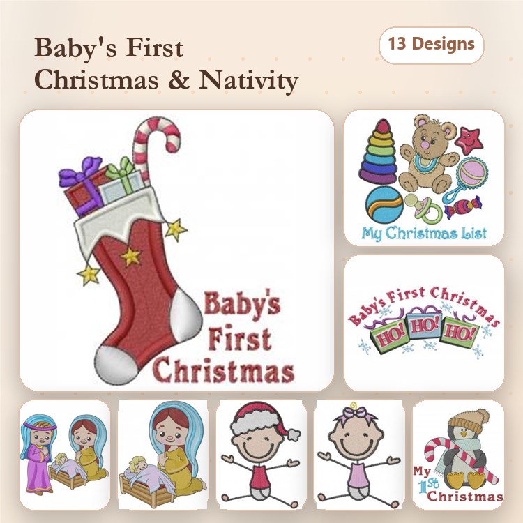 Baby's First Christmas Embroidery Designs Bundle – Christmas Stocking, Teddy Bear, Nativity Scene & More (13 Designs)