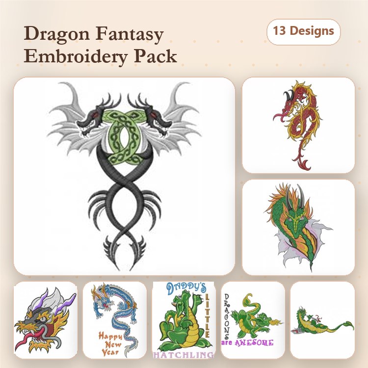 Dragons & Fantasy Elements Embroidery Designs Bundle – Dragon with Wings, Celtic Dragon, Eastern Dragon & More (13 Designs)