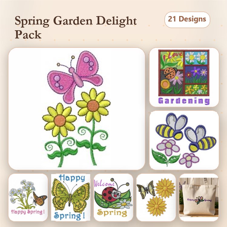 Spring Garden Embroidery Designs Bundle – Butterfly, Sunflowers, Ladybug & More (21 Designs)