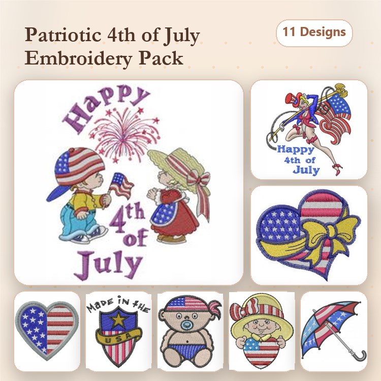 4th of July Celebrations Embroidery Designs Bundle – Happy 4th of July, USA Flag Heart, Children Celebrating & More (11 Designs)