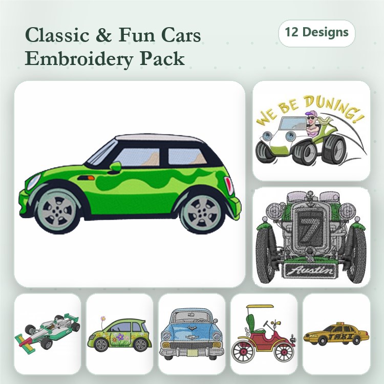 Classic and Fun Cars Embroidery Designs Bundle – Mini Cooper, Dune Buggy, Vintage Car & More (12 Designs)