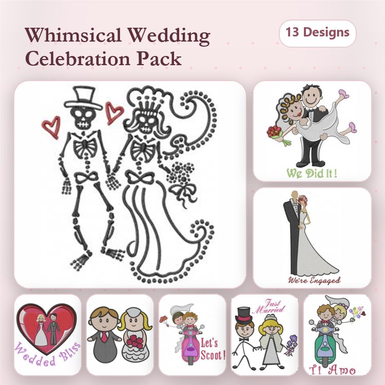 Whimsical Wedding Embroidery Designs Bundle – Skeleton Bride & Groom, Wedded Bliss Heart, Wedding Couple & More (13 Designs)