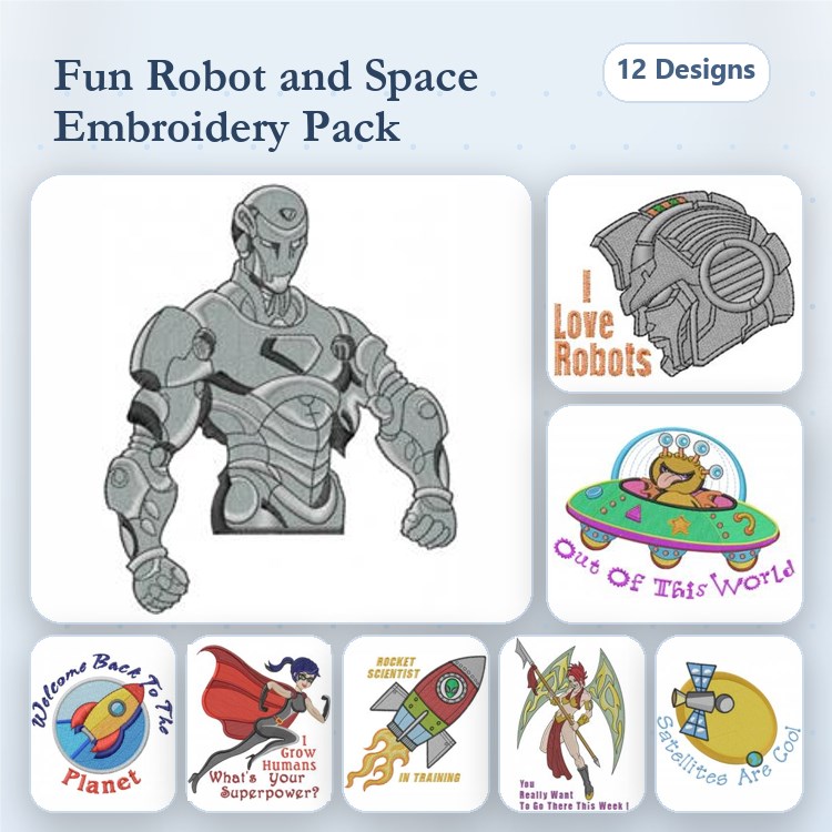 Robots and Space Embroidery Bundle – Robot Character, Spaceship, Rocket Ship & More (12 Designs)