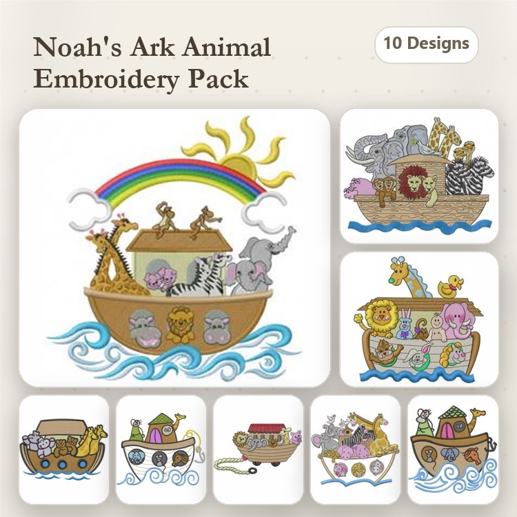 Noah's Ark Embroidery Bundle – Giraffe, Lion, Zebra, Elephant & More (10 Designs)