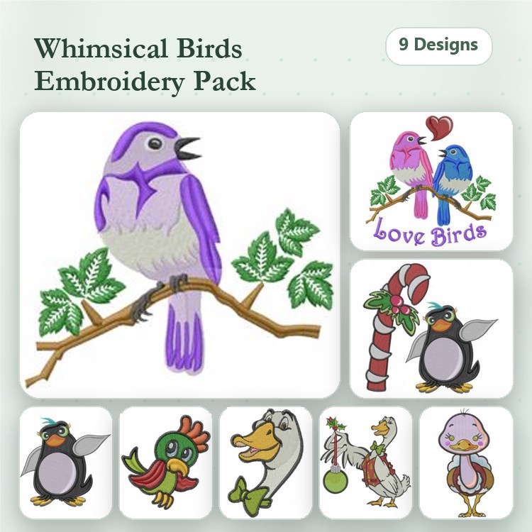 Whimsical Birds Embroidery Designs Bundle – Purple Bird, Love Birds, Penguin & More (9 Designs)
