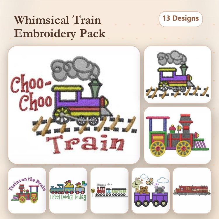 Choo-Choo Train Embroidery Designs Bundle – Steam Engine, Colorful Train Set, Train on the Rails & More (13 Designs)