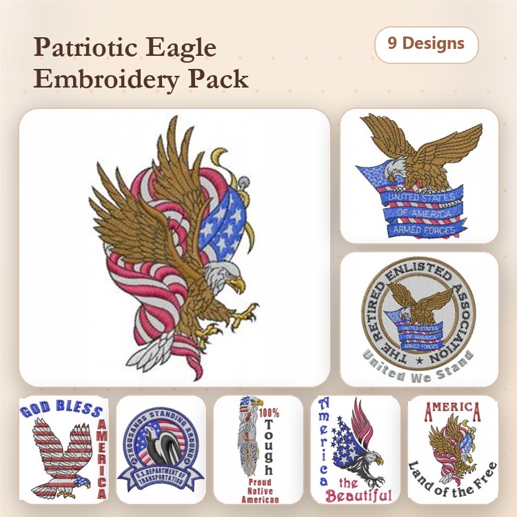 Patriotic Eagle Embroidery Designs Bundle – Eagle with American Flag, God Bless America, America the Beautiful & More (9 Designs)
