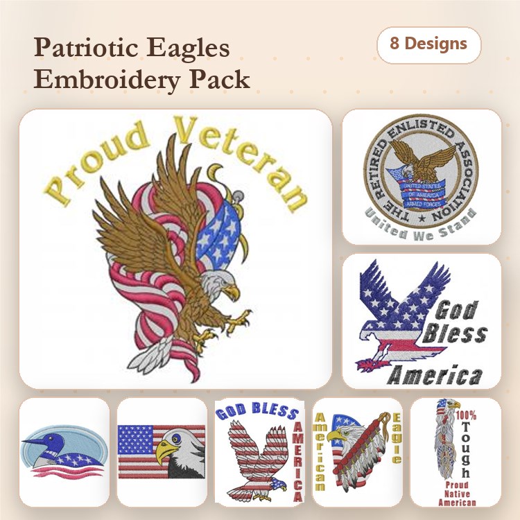 Patriotic Eagles Embroidery Bundle – Proud Veteran Eagle, Eagle with American Flag, God Bless America Eagle & More (8 Designs)