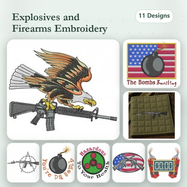 Explosives and Firearms Embroidery Designs Bundle – Eagle with Rifle, American Flag Patch, Bomb Symbol & More (11 Designs)