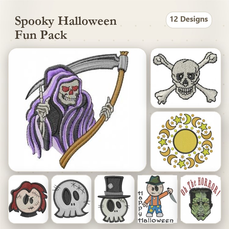 Halloween Embroidery Designs Bundle – Grim Reaper, Vampire Girl, Happy Halloween & More (12 Designs)