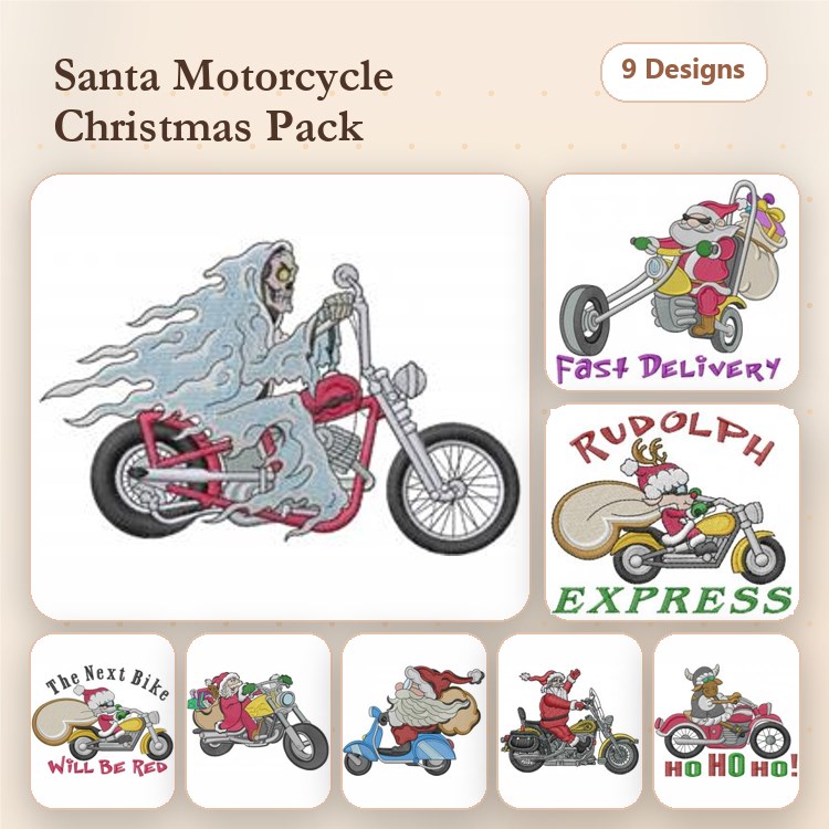 Santa on Motorcycles Embroidery Designs Bundle – Ghost Rider Santa, Fast Delivery, Rudolph Express & More (9 Designs)