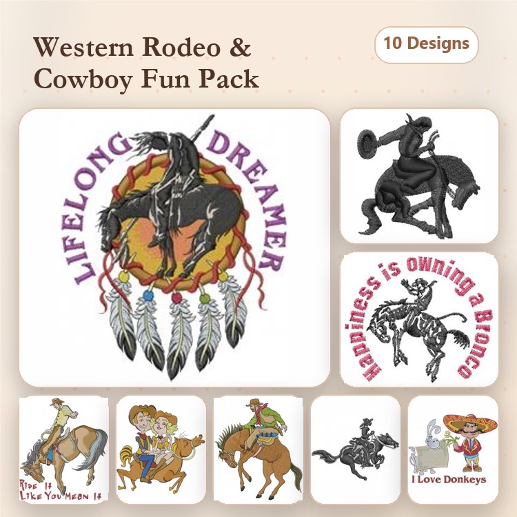 Western Rodeo Embroidery Bundle – Lifelong Dreamer, Rodeo Rider, Cowgirl on Horse & More (10 Designs)