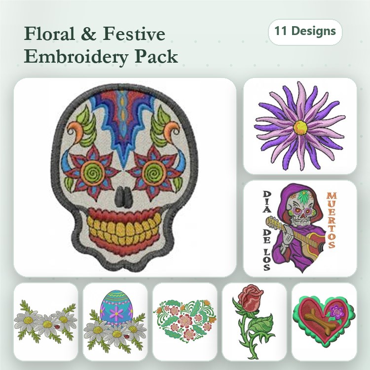 Floral & Festive Embroidery Designs Bundle – Sugar Skull, Daisy Flower, Easter Egg & More (11 Designs)