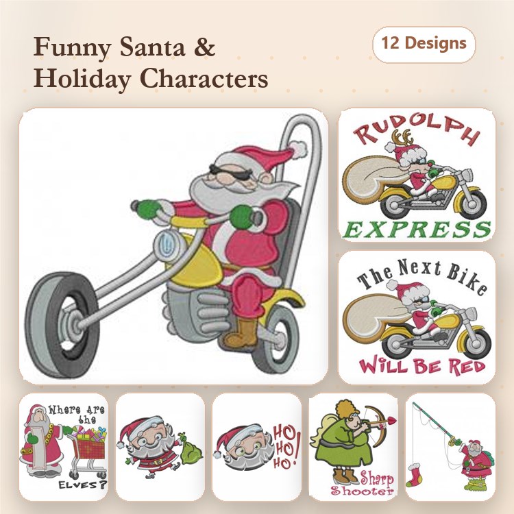 Funny Santa & Holiday Characters Embroidery Designs Bundle – Santa on Motorcycle, Rudolph Express, & More (12 Designs)