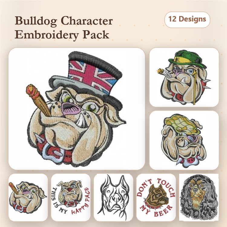 Bulldog Embroidery Bundle – Fun and Attitude (12 Designs)