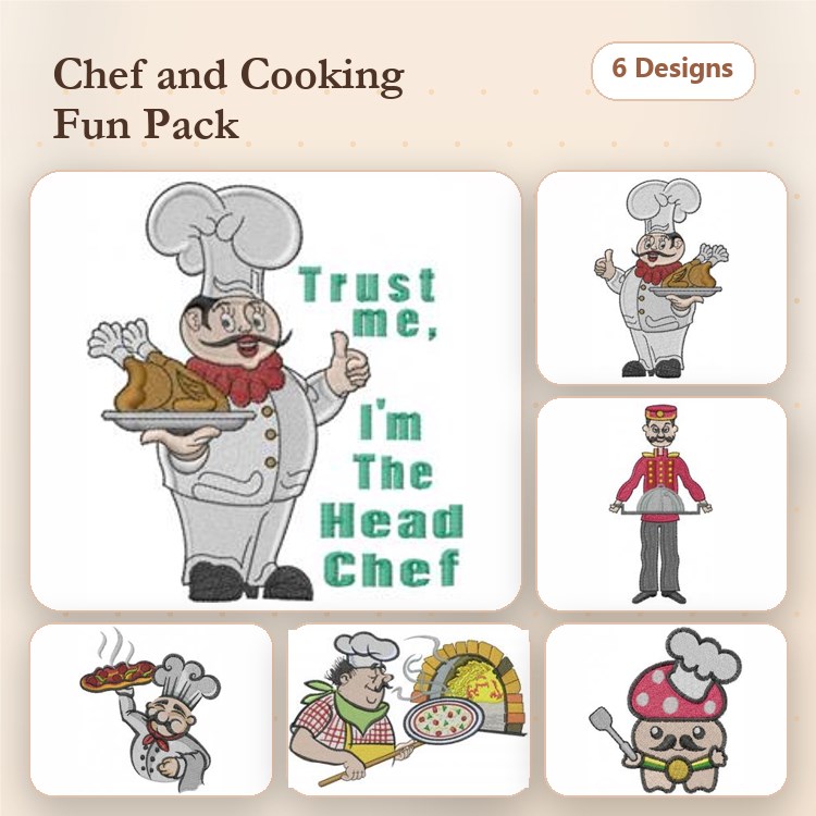 Chef & Cooking Embroidery Designs Bundle – Chef with Roasted Chicken, Head Chef with Hat, Chef with Pizza & More (6 Designs)