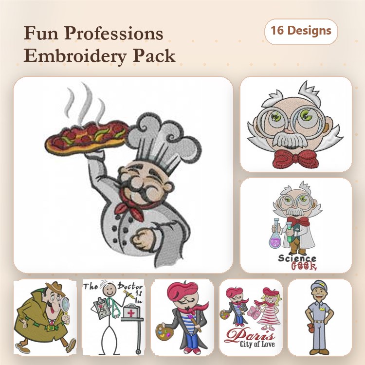 Fun Professions Embroidery Designs Bundle – Chef, Doctor, Artist, Nurse & More (16 Designs)