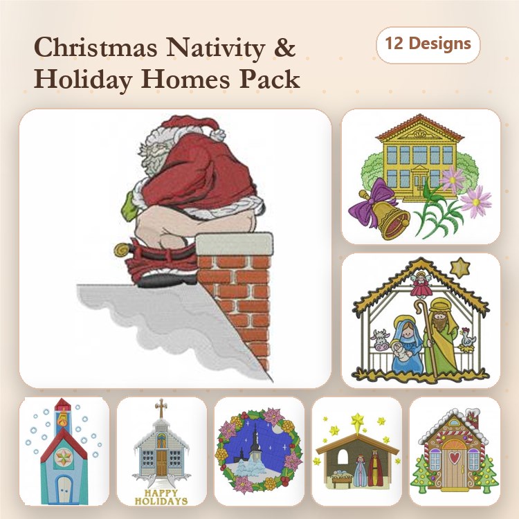 Christmas Nativity & Holiday Homes Embroidery Designs Bundle – Santa on Chimney, Holiday Home with Bells, Nativity Scene & More (12 Designs)
