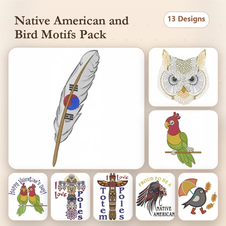 Native American & Bird Embroidery Designs Bundle – Feather with Symbols, Owl, Parrot & More (13 Designs)