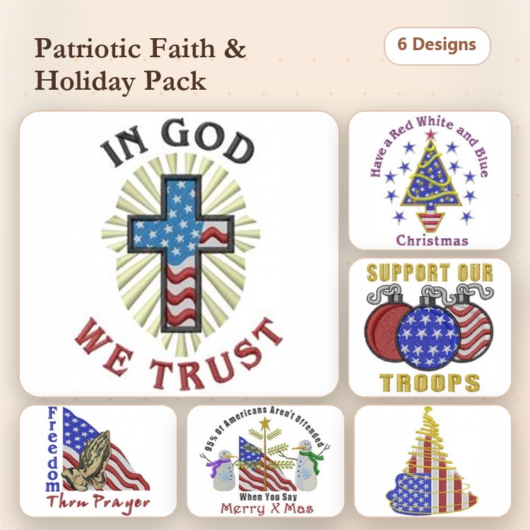 Patriotic & Holiday Embroidery Designs Bundle – In God We Trust Cross, Red White and Blue Christmas Tree, & More (6 Designs)