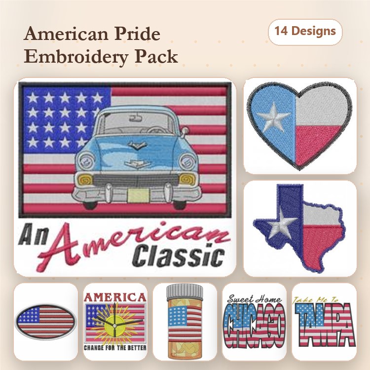 American Pride Embroidery Designs Bundle – Vintage Car with American Flag, Texas Heart, Liberty Bell & More (14 Designs)