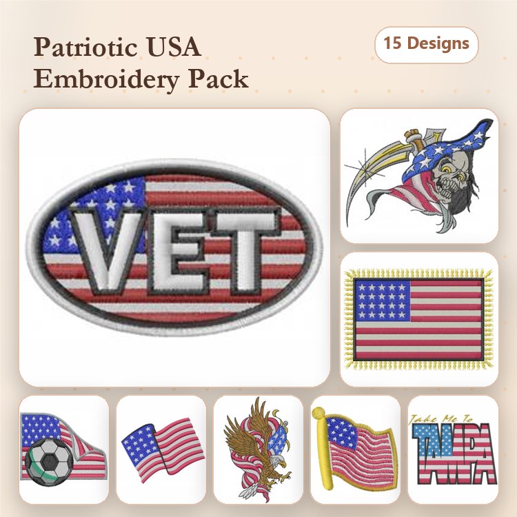 Patriotic USA Embroidery Designs Bundle – Veteran Patch, Eagle with American Flag, American Flag & More (15 Designs)