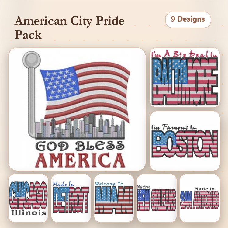 American City Pride Embroidery Designs Bundle – American Flag with City Skyline, Baltimore, Boston & More (9 Designs)
