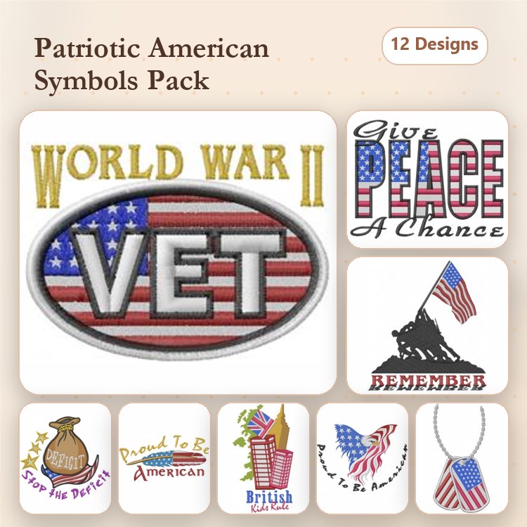 Patriotic American Symbols Embroidery Designs Bundle – World War II Vet, American Flag, Give Peace A Chance & More (12 Designs)
