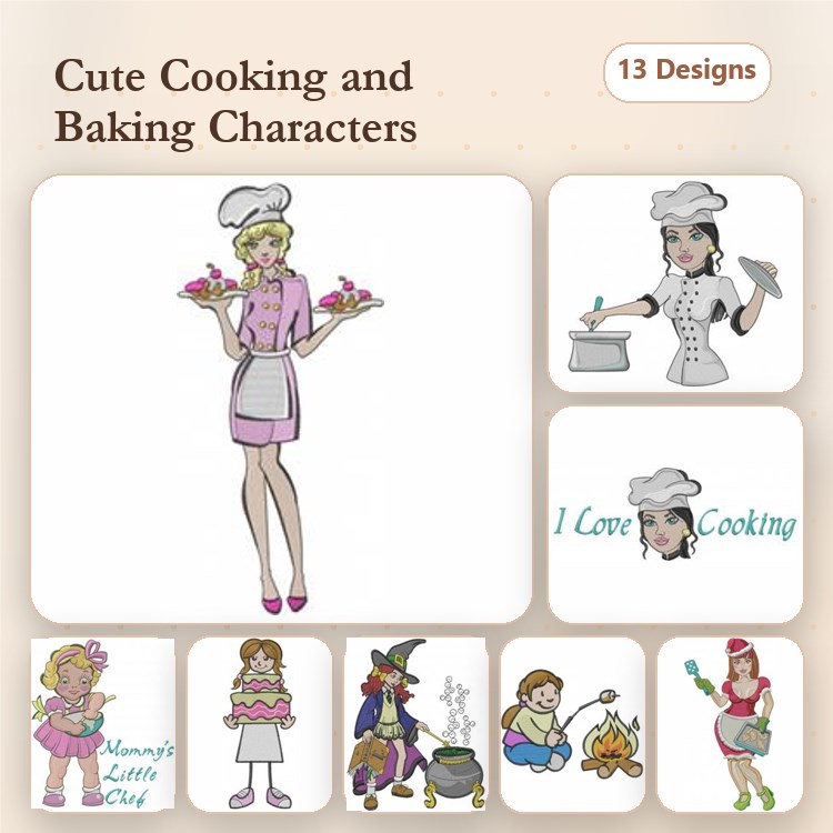 Cute Cooking & Baking Characters Embroidery Designs Bundle – Mommy's Little Chef, Baker Girl, Chef with Mixer & More (13 Designs)