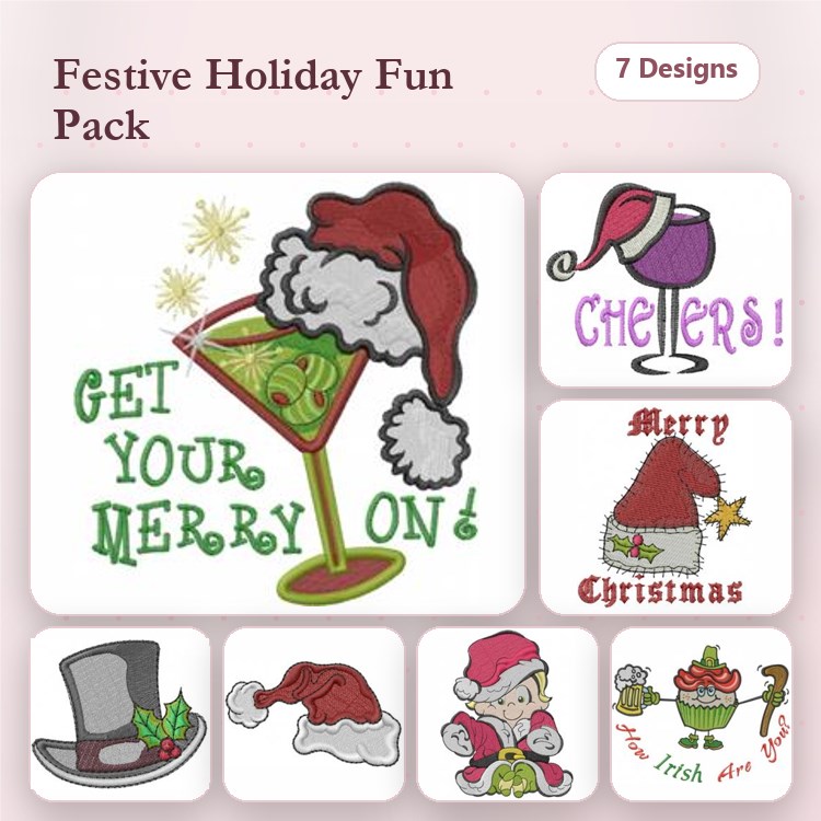 Festive Holiday Embroidery Designs Bundle – Holiday Cocktail, Cheers, Santa Claus & More (7 Designs)