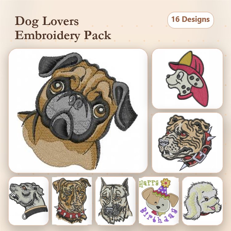 Dog Breed Embroidery Bundle – Dalmatian, Bulldog, Pug & More (16 Designs)