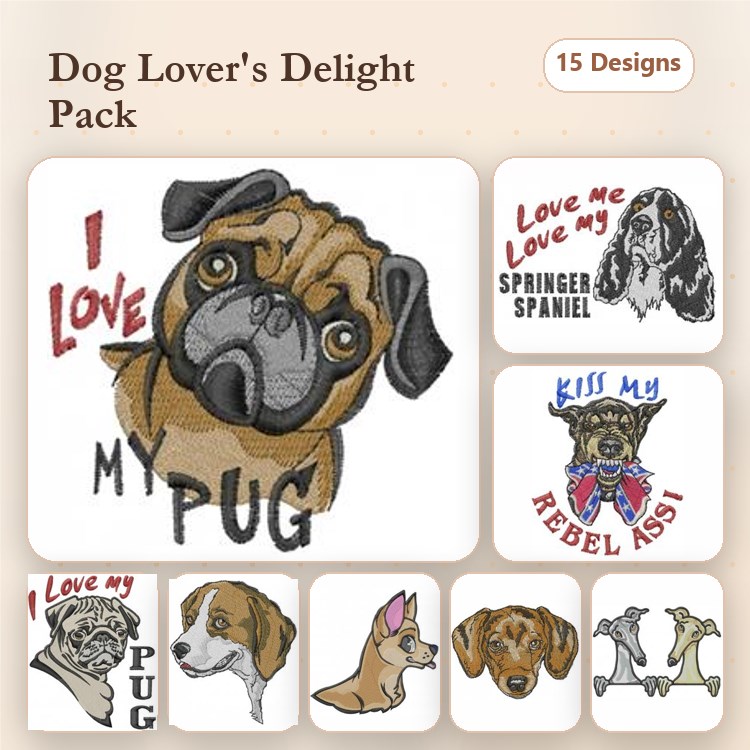 Dog Breed Embroidery Bundle – Pug, Beagle, Dachshund & More (15 Designs)