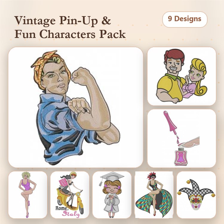 Vintage Pin-Up Characters Embroidery Designs Bundle – Rosie the Riveter, Couple with Heart, Graduation Girl & More (9 Designs)