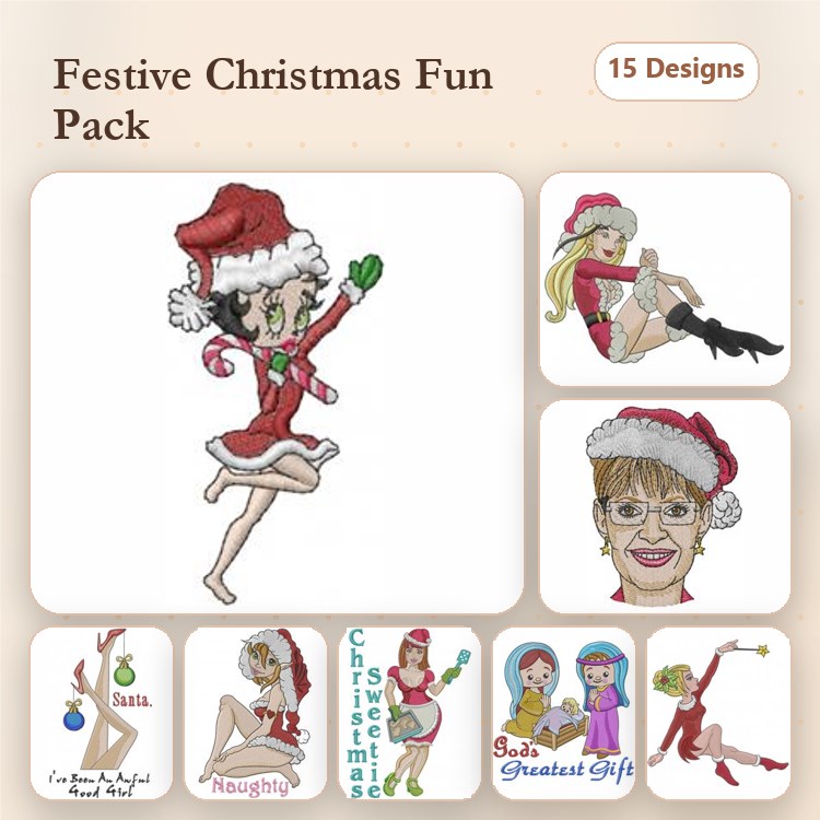Christmas Characters Embroidery Designs Bundle – Santa Dancer, Naughty Girl with Gifts, Girl in Stockings & More (15 Designs)