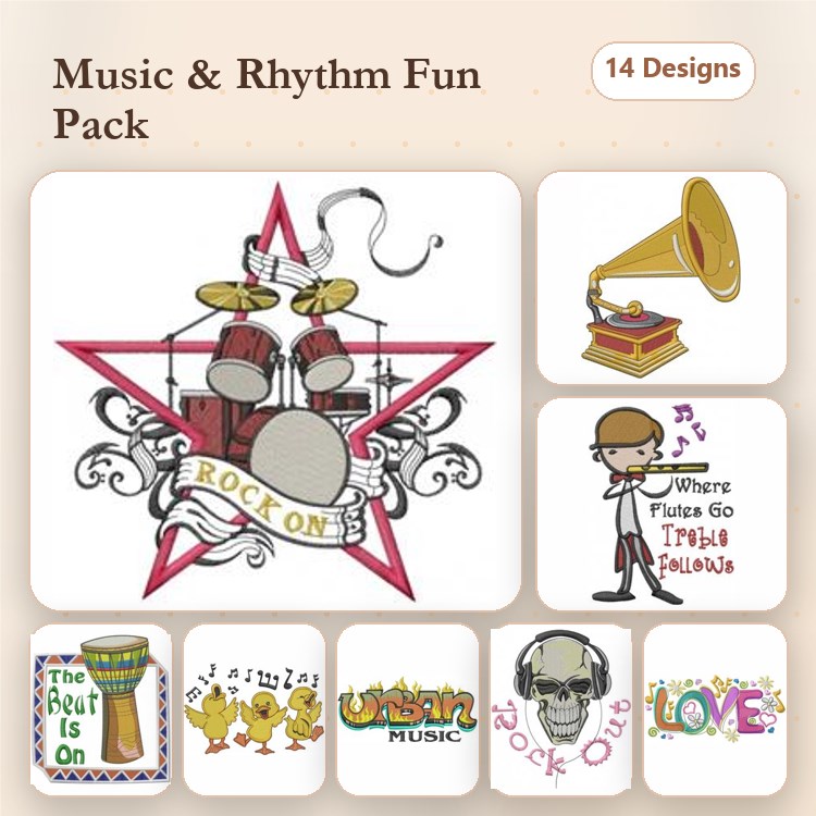 Music & Rhythm Embroidery Designs Bundle – Drum Set, Vintage Gramophone, Guitar Rock Star & More (14 Designs)