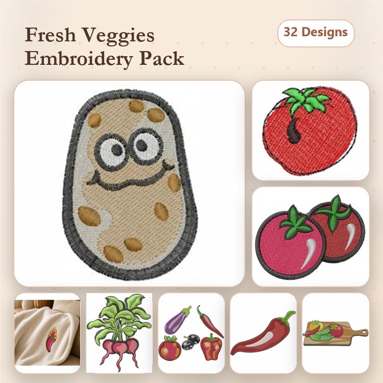 Fresh Veggies Embroidery Designs Bundle – Smiling Potato, Tomato, Radish & More (32 Designs)