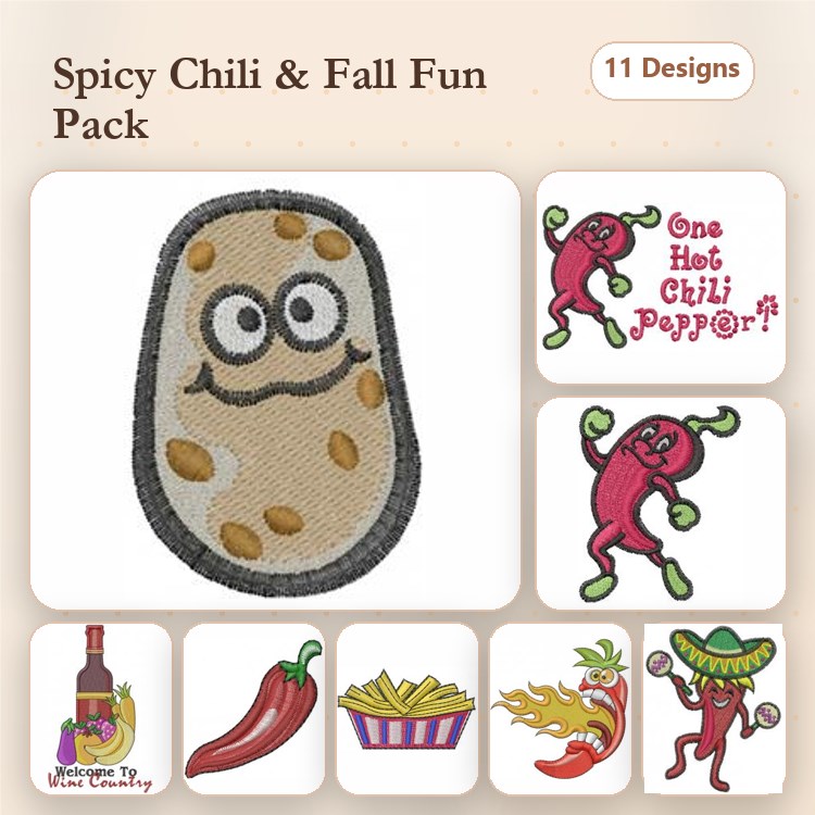 Chili Pepper & Fall Embroidery Designs Bundle – Happy Chili Pepper, Chili Bottle, Chili with Fries & More (11 Designs)