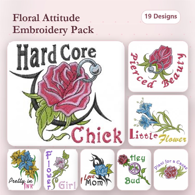 Floral and Text Embroidery Designs Bundle – Hard Core Rose, Pierced Beauty Rose, I Love Mom & More (19 Designs)
