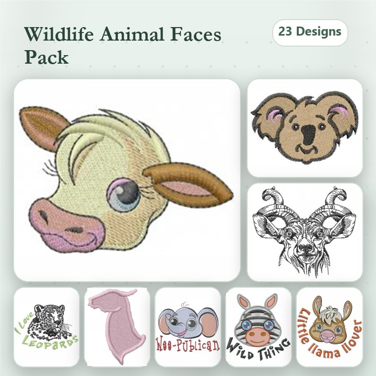 Animal Face Embroidery Bundle – Cow, Koala, Leopard, Panda & More (23 Designs)