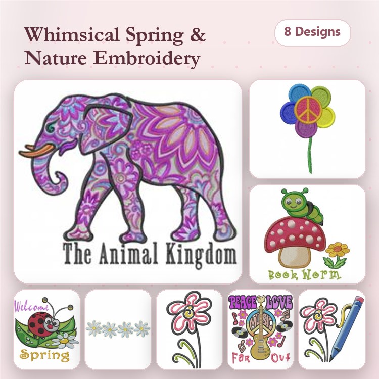 Spring Nature Embroidery Bundle – Flower Peace Sign, Elephant with Patterns, Ladybug with Mushroom & More (8 Designs)