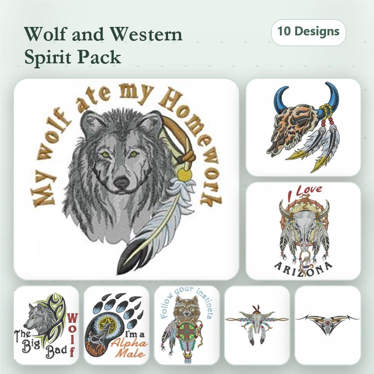 Wolf & Western Embroidery Bundle – My Wolf Ate My Homework, Buffalo Skull, Dreamcatcher & More (10 Designs)