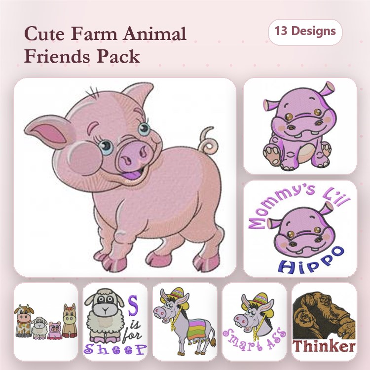 Farm Animal Embroidery Designs Bundle – Cute Pig, Hippo, Sheep, Cow, Donkey & More (13 Designs)