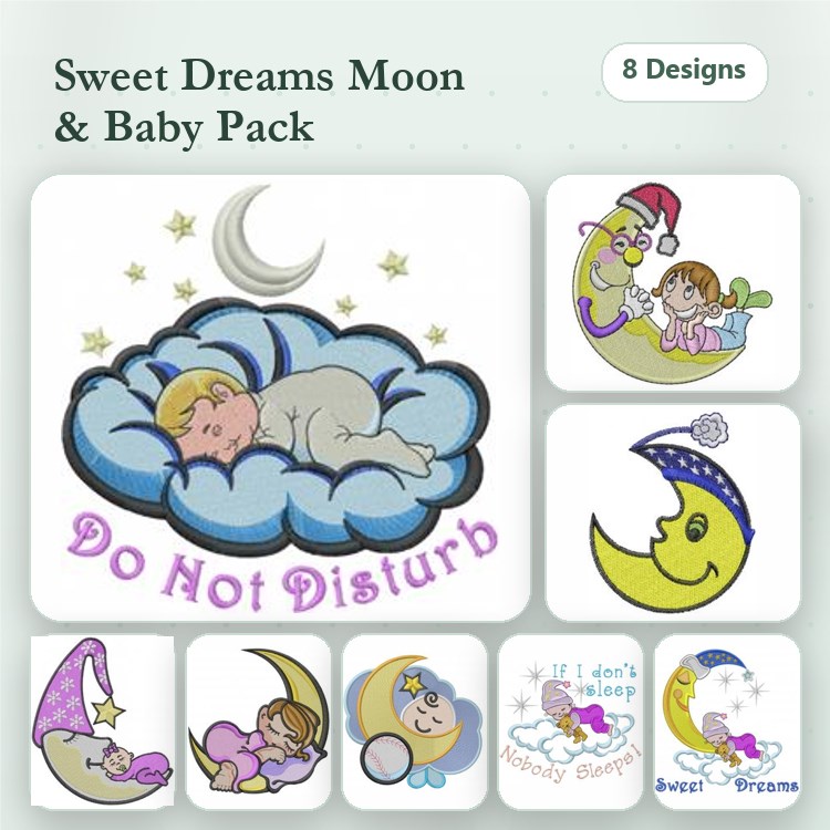 Sleeping Baby & Moon Embroidery Designs Bundle – Sleeping Baby on Cloud, Sleepy Moon with Stars & More (8 Designs)
