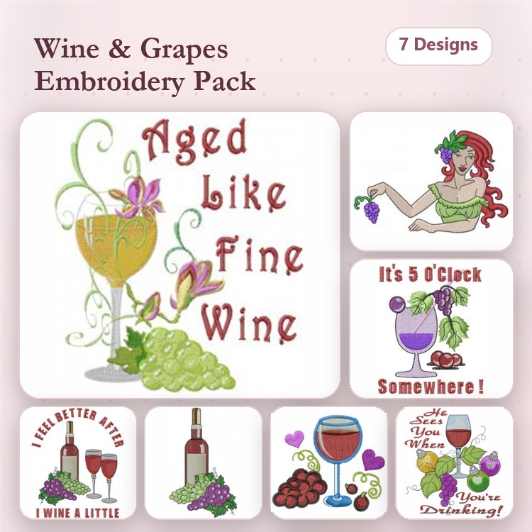 Wine & Grapes Embroidery Designs Bundle – Wine Glass with Grapes, Aged Like Fine Wine, & More (7 Designs)