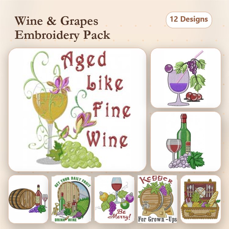 Wine and Grapes Embroidery Designs Bundle – Wine Glass, Cocktail Glass, Wine Barrel & More (12 Designs)