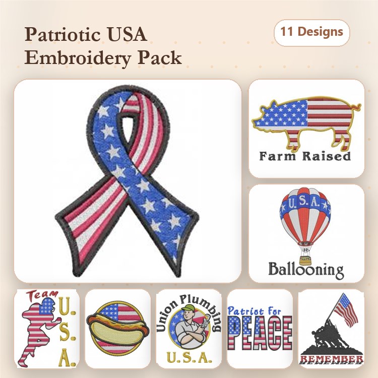 Patriotic USA Embroidery Designs Bundle – American Flag Ribbon, Farm Raised, Ballooning & More (11 Designs)