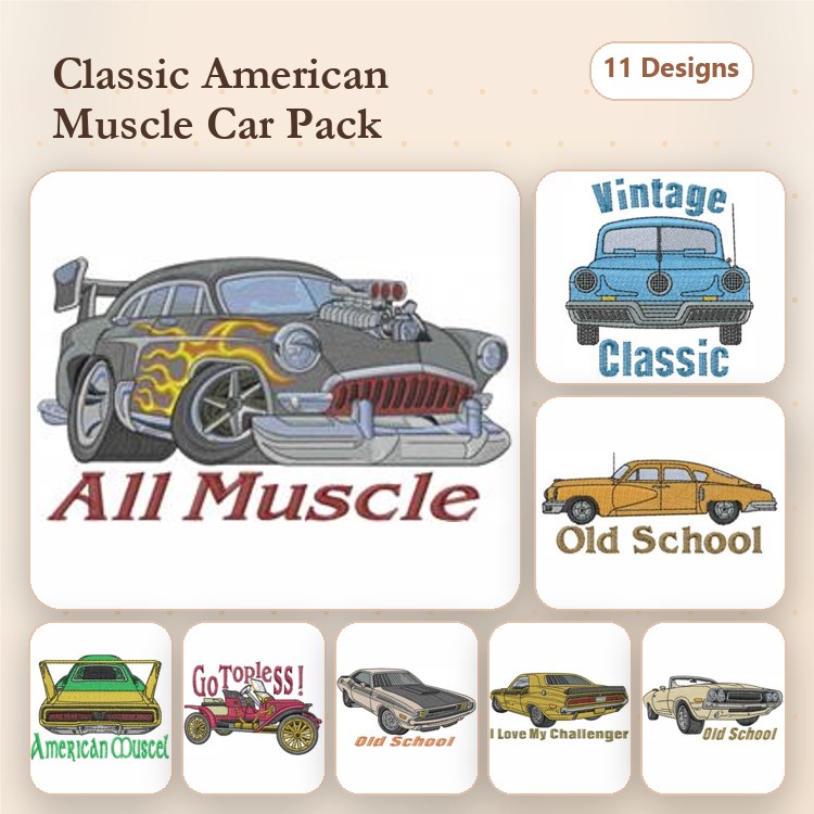 Classic American Muscle Cars Embroidery Designs Bundle – All Muscle, Vintage Classic Car, Hot Rod & More (11 Designs)