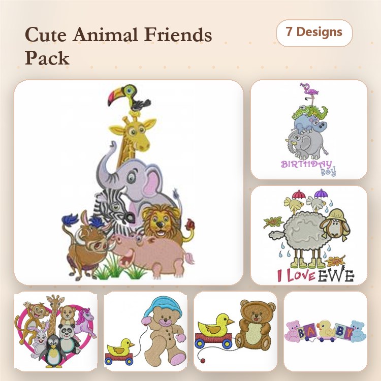 Cute Animal Friends Embroidery Designs Bundle – Giraffe with Parrot, Elephant with Zebra, Lion with Pig & More (7 Designs)