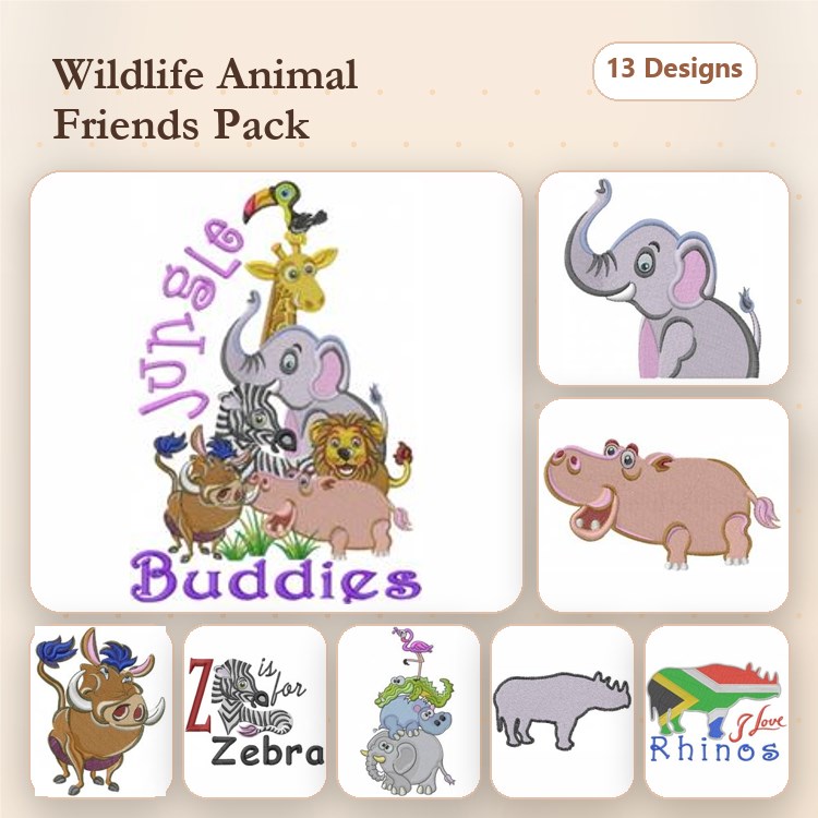 Wildlife Animals Embroidery Bundle – Elephant, Lion, Giraffe & More (13 Designs)