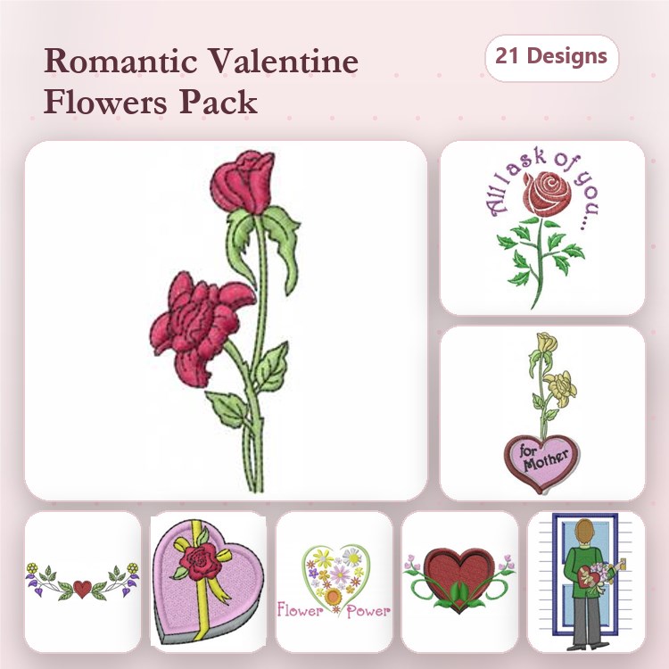 Valentine's Day Flowers Embroidery Designs Bundle – Red Rose, Pink Rose, Heart with Ribbon & More (21 Designs)